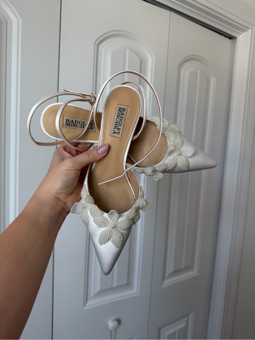 Badgley Mischka Pearl Ivory Beaded Pointed-Toe Slingback Heels